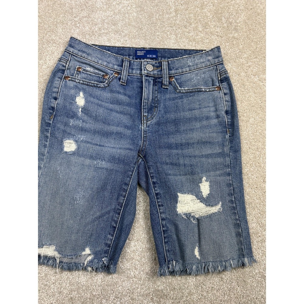 Project Indigo Shorts Womens 12‎ Blue Distressed Denim Bermuda Frayed Hem Casual